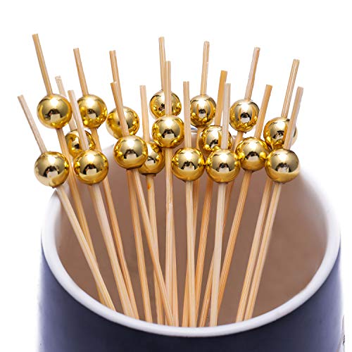 Cocktail Picks Handmade Bamboo Toothpicks 4.7" Multicolor Party Supplies 100 Counts in Gold Pearl