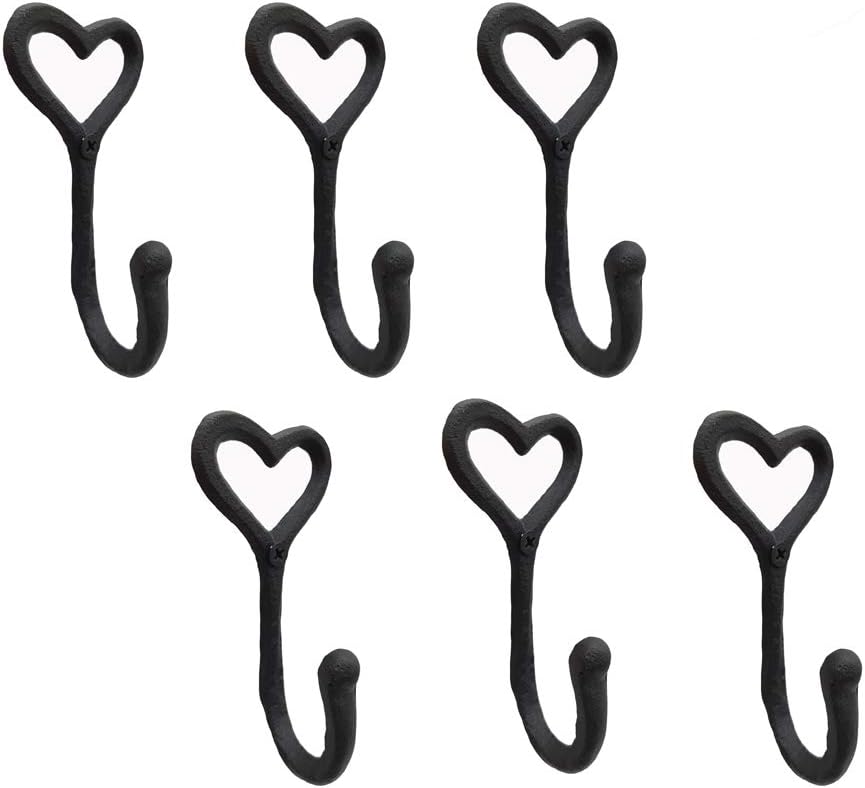 6 Pack Rustic Cast Iron Coat Hooks Heart Shape Outdoor Wall