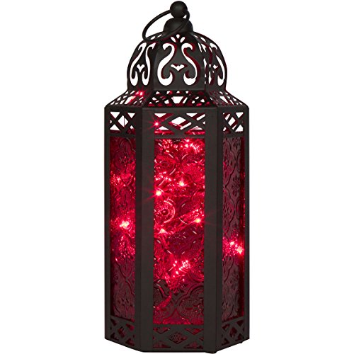 Red glass moroccan style lantern with led fairy lights