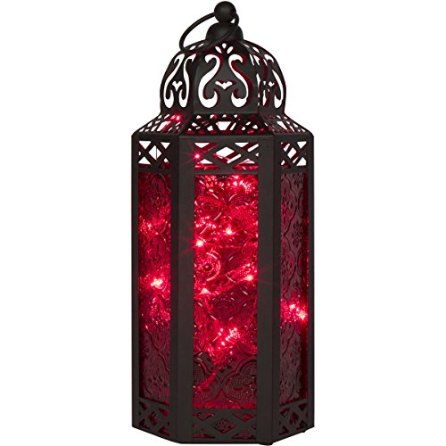 Red Glass Moroccan Style Lantern with LED Fairy Lights