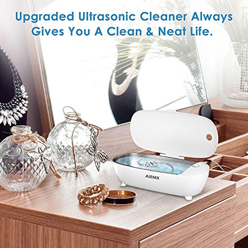 AIRMX Ultrasonic Jewelry Cleaner Portable - Low Noise Ultrasonic Machine for Jewelry, Ring, Silver, Retainer, Eyeglass, Watches, Coins, 450ML, 46KHz Ultrasound Cleaner Machine (White)
