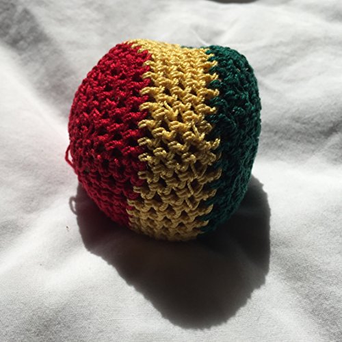 Red Yellow and Green Striped Hand Crocheted Footbag 7x7 Inch