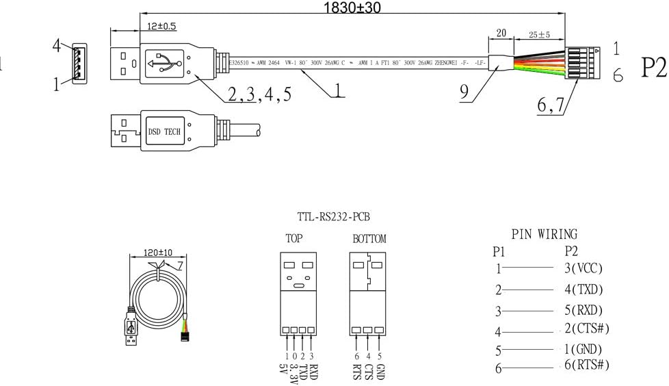 DSD TECH SH-U09G USB to TTL Serial Cable Built-in FTDI FT232RL IC 1.8M/5.9FT, Black, 1.8 meter - Image 3