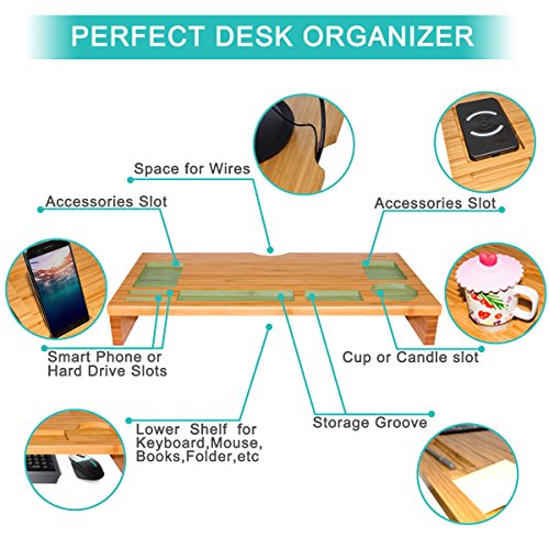 Bamboo Monitor Stand Riser, ANKO 100% Natural Bamboo Monitor Riser with Storage Organizer, Laptop, Cellphones, Cup and Daily Supplies for Home & Office. (NATURAL- 1 PACK) - Thumbnail 2