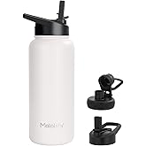 Malalife Water Bottle, BPA Free Insulated Stainless Steel, 32oz, Dual lids, Keep Cold 24H, Large Flask, Wide Mouth, Double Wall Metal Sport Drink Bottle, Camping, Gym, Hiking, Cream White