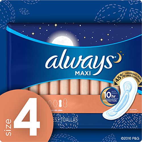 Always Maxi Size 4 Feminine Pads without Wings, Overnight Absorbency, Unscented, 28 Count