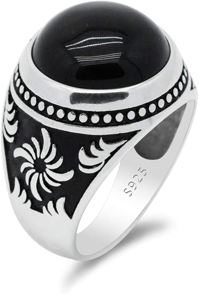 Bague Homme Argent 925 Et Obsidienne Noire - Style Punk/rock, Pierre D'onyx, Taille Réglable (Noir-7) - 9