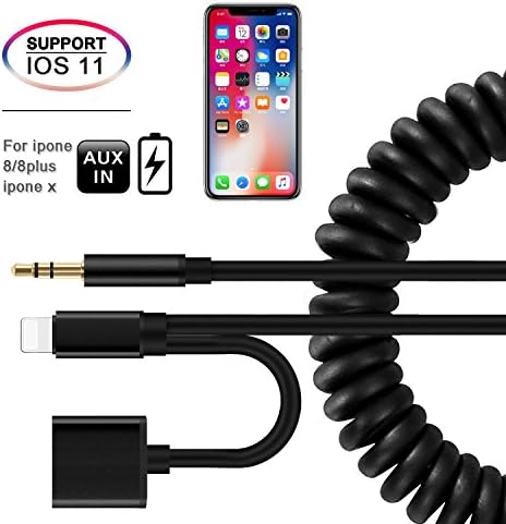 Aggice Coiled Aux Cord for iPhone,Lightning to 3.5mm Male Headphone Jack with Charging Spring Audio Cable 3ft Extented Aux Car Audio Stereo Adapter for iPhone 8,X,8Plus,7,7Plus, Compatible for iOS 11