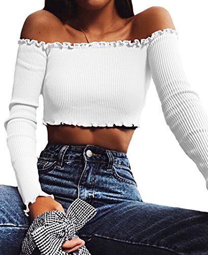 PRETTODAY Women's Sexy Off Shoulder Crop Tops 10 Colors Summer Long Sleeves Casual Slim Tees White Medium