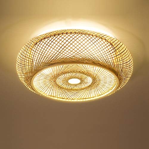 Shfmx Nordic Creative Solid Wood Balcony Ceiling lamp, Handmade Rattan lampshade Lantern Round Ceiling lamp Retro Style Living Room Office Ceiling lamp
