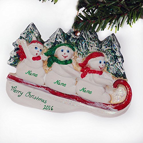 Family of 3 Personalized Snowman Sledding Christmas Ornament - Thumbnail 2
