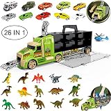 flashbluer Dinosaur Toys Truck with 15 Dinosaurs, 5 Metal and 5 Plastic Die-Cast Cars and 1 Helicopter and Dinosaurs Book for 3-12 Years Old Boys and Girls