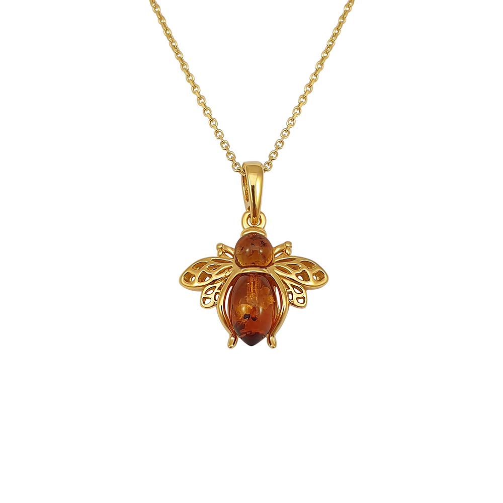 Kiara Jewellery - Bee Pendant Necklace - 925 Sterling Silver Yellow Gold Plated -Inset With Brown Baltic Amber - on 18" Sterling Silver Chain.
