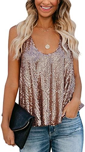 ZJP Women Sexy U Neck Sleeveless Open Back Sparkle Sequin Embellished Tank Tops
