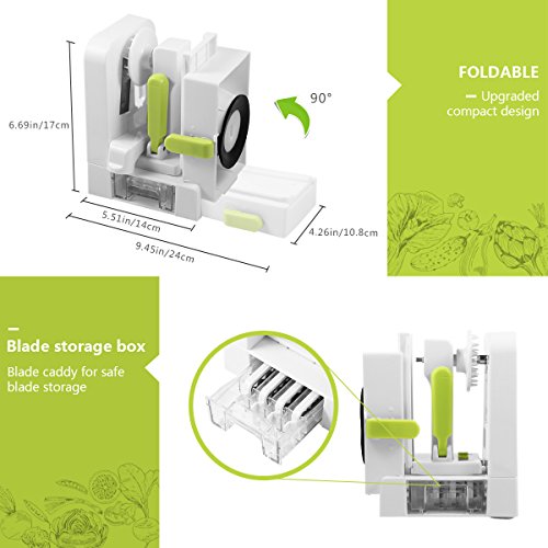 Spiral Slicer Domserv Kitchen Spiralizer 5 Stainless-Steel Blades Foldable Vegetable Slicer Strong Suction Base for Veggie Fruits Pasta & Noodle Maker with Peeler & Cleaning Brush, 2018 New Model