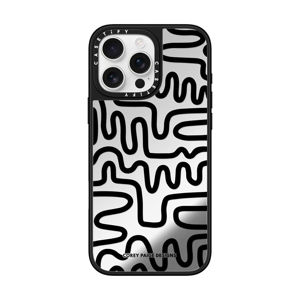 CASETiFY Mirror iPhone 16 Pro Max Case [Reflective / 4.9 ft. 1X Military Grade Drop Protection/Compatible with Magsafe] - Black Line Art - Silver on Black