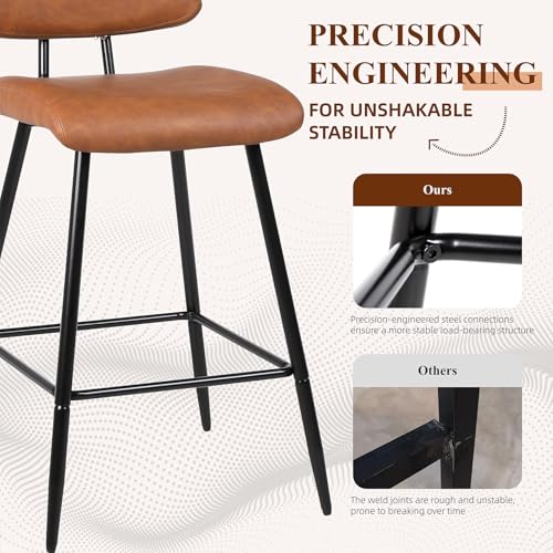 Nusetx 26 Inch Counter Height Bar Stools Set of 2, Modern Faux Leather Kitchen Island Chairs with Back and Metal Leg, Upholstered BarStools, Brown