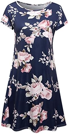 Women's Floral Dress Short Sleeve Round Neck Summer Casual Tee Dress (Blue, X-Large)