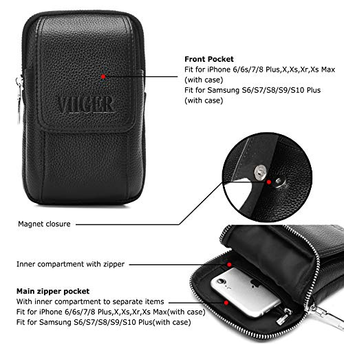 VIIGER Premium Leather Rugged Belt Pouches for Men Cell Phone Holster Carrying Pouch Holder Belt Clip Case Waist Bag Compatible for iPhone Xs Max/Xr/X/6/6s/7/8 Plus Galaxy S7,S8, S9, S10 Plus, Black