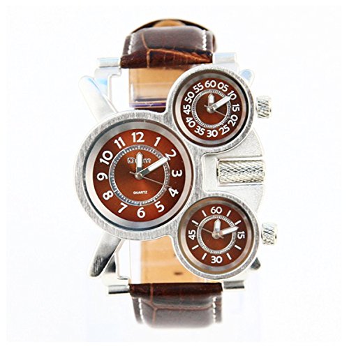 Men's Unique Three Time Display Analog Watch Fashion Military Army Sport Quartz Wrist Watch with Three Dial, Comfortable Leather Band Design,Steel Case,Three Time Zone - Brown