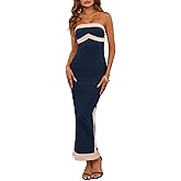 Fisoew Womens Strapless Bodycon Dress Sexy Contrast Color Off Shoulder Party Tube Maxi Dresses
