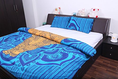 Indian Bohemian Duvet Cover Set, Multi-Color Boho Mandala Divya Print Bedding Queen Size Blue 90 X 80