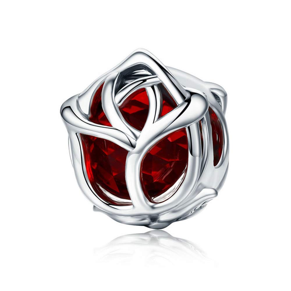 Bijoux Blu Red Rose Romantic 100% 925 Sterling Silver Rose Flower, Red Crystal Charm Beads fit Women Charm Bracelet DIY Jewellery Making