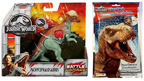 Jurassic World Pachycephalosaurus Battle Damage Action Figure + One PlayPack Grab and Go! Coloring Book. Set of 2 Items.