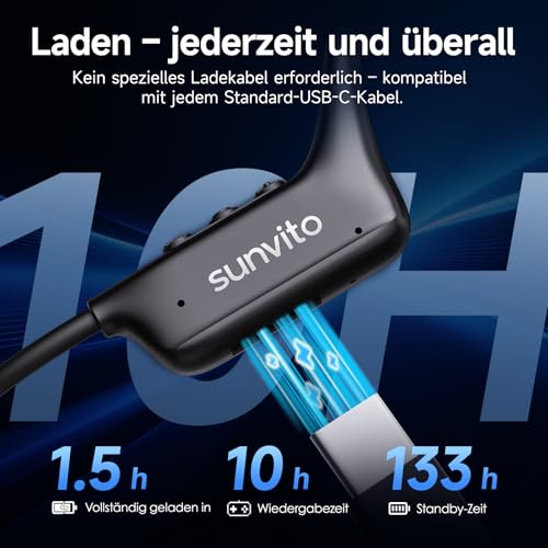 sunvito Bone Conduction Headphones Bluetooth 6.1, IPX7 Waterproof Open-Ear Headphones with Microphone, Lightweight Bone Conduction Headphones for Running, Fitness, Cycling, Black