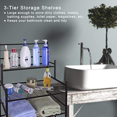 Mythinglogic Laundry Hamper with 3 -Tier Storage Shelves Bathroom Tower Storage Organizer with Dual Compartment Removeable Hamper for Bathroom, Laundry Room
