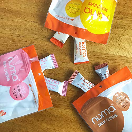 Healthy Nougat Snacks Variety Pack, Low Calorie, Low Sugar, All-Natural, Chewy, Creamy, Gluten Free, 4g Protein, 3 Bags of 8 individually wrapped chews each of Creme, Chocolate Milk and Strawberry