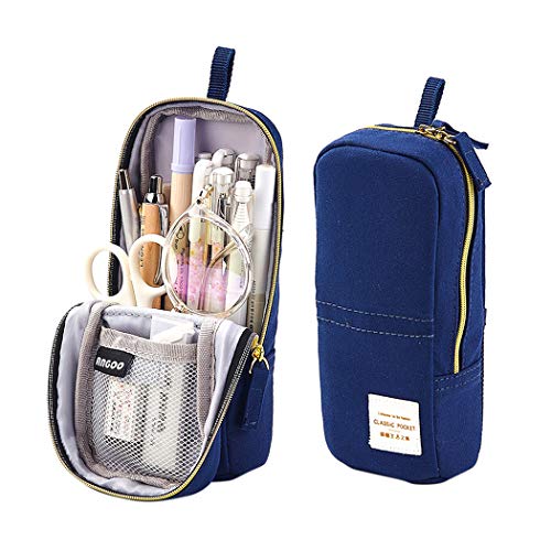 iSuperb Stand Up Pencil Case Canvas Pencil Holder Phone Holder Mobile Phone Bracket Function Desk Organizer Makeup Cosmetic Bag (Dark Blue)