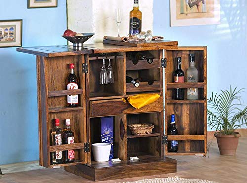 Lasting Fixtures Sheesham Wood Bar Cabinet with Wine Glass Storage for Home (Walnut Finish)