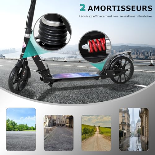 ISE Folding Scooter with 2 Aluminium Wheels, Adjustable Handlebar Height, Double Shock Absorption and Braking System, Ferris Wheel with Non-Slip Tyre, for Adults and Teens from 12 Years to 100 kg
