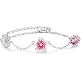 SHINYKEND Three Flower Bracelet for Women,925 Sterling Silver Daisy/Cherry Blossom/Lotus Bracelets,Birth Flowers Jewelry Anniversary Birthday Gifts for Girlfriend Wife 7''+2''