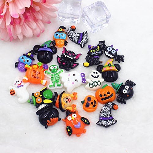 Pandahall 100 PCS Halloween Theme Resin Cabochons for Craft Making, Pumpkin Jack-o'-lantern, Witch Hat, Skull, Witch Besom, Skeleton, Ghost, Castle, Spider Web, Witch Head