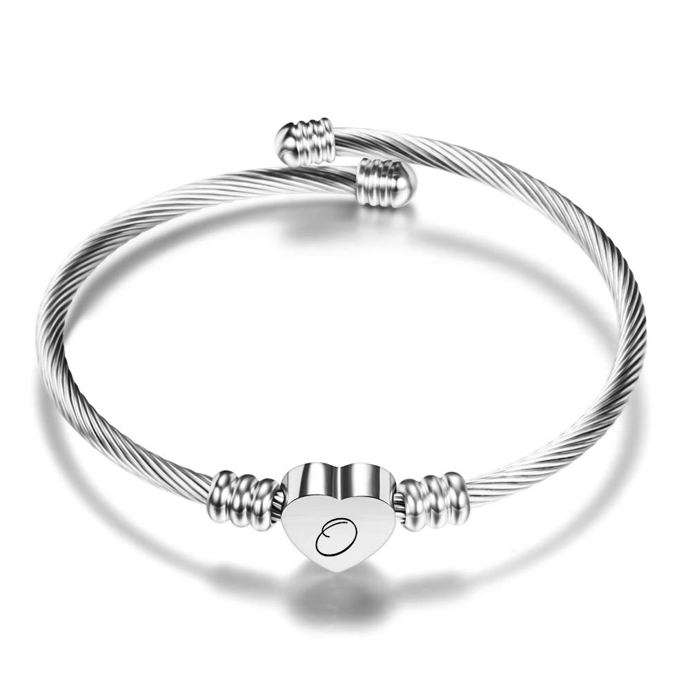 VQYSKO Bracelet Initial Heart Women Girl Letters Engraved Stainless Steel Charm Bracelet Cable 18cm 5 Colors (Steel color, Q)