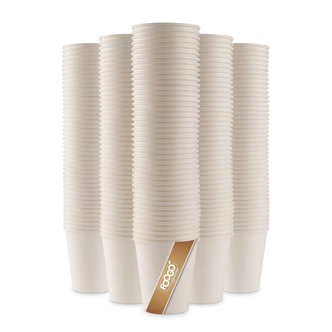FOOGO Green 100pcs 10oz Disposable Strong Single-Wall White Paper Coffee Cups, FSC® Certified, Fully Compostable, Takeaway, Paper Cups for Hot Drinks, Parties, Eco-Friendly
