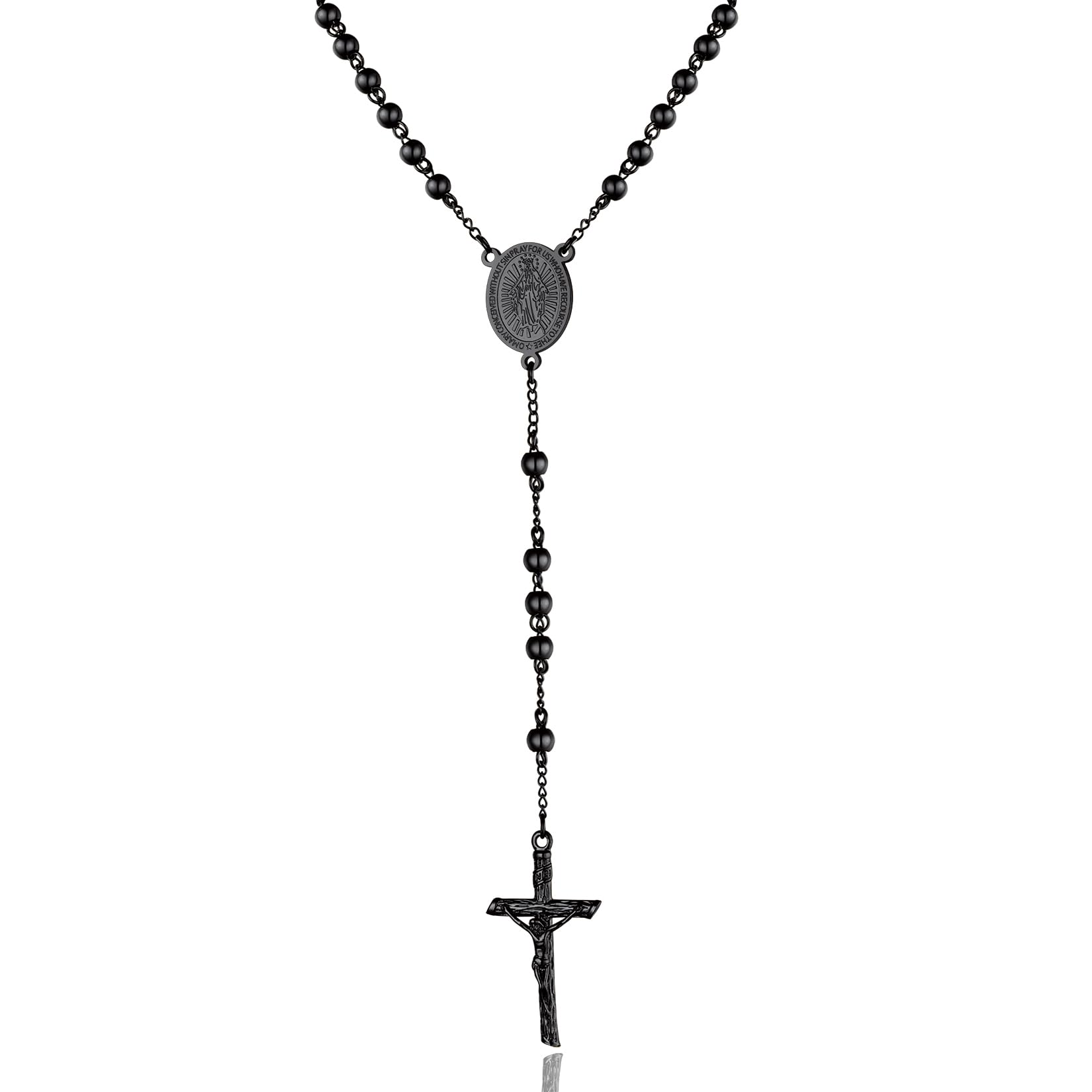 ChainsPro Cross Necklace Rosary Beads Catholic Men Women Blessed Virgin Mary Medal Black Chain Stainless Steel Crucifix Prayer Jesus Gift Mens Christian Jewellery