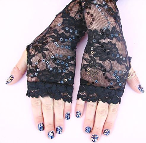 Supreme glam Gloves Black Sequin Long Lace Gloves Opera Fashion