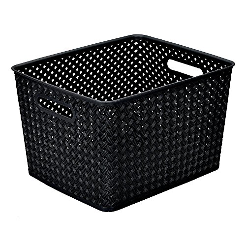 Simplify Bins/Totes - Resin Wicker Storage - Large Plastic Storage Containers - 2 Open Handles - Black - 13.75"x11.50"x8.75"