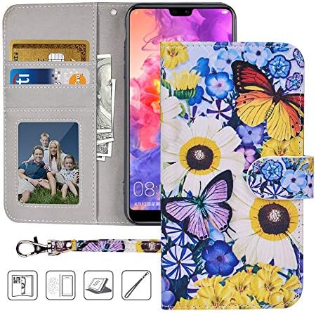 Urbeutyke Huawei P20 Pro Wallet Case, Huawei P20 Pro Case,Premium PU Leather Flip Folio Case Cover with Wrist Strap, card holder,Cash Pocket,Kickstand for Huawei P20 Pro - Butterfly over Flowers