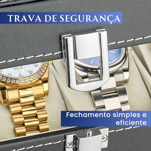 Porta Relógios Luxo em Couro Sintético - 6 Compartimentos, Almofadas Removíveis e Visor em Acrílico