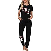 EISHOPEER Women's Cotton Pajama Set Cute Printed Short Sleeve Top & Long Pants Sleepwear Pjs Sets