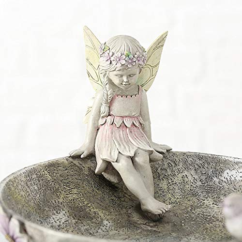 CasaJame Vogeltränke mit Elfe & Vogel, Vogelbecken, Wasserstelle grau, Vogelbad Kunstharz 29x26x17cm – Bild 3