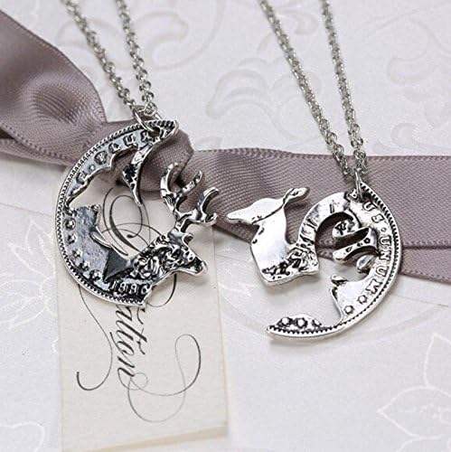 Fashion Silver Tone Necklaces Crystal Christmas Deer Pendent Chain 2 Couple Gift