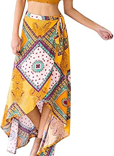 Womens Maxi Dresses High-Waisted Boho Asymmetrical Hem Tie up Print Wrap A-Line Long Skirt Half Slip Skirts