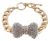 Goldtone with Clear Iced Out Large 3d Bow 8 Inch Cuban Chain Link 12mm Adjustable Bracelet (S-1684)