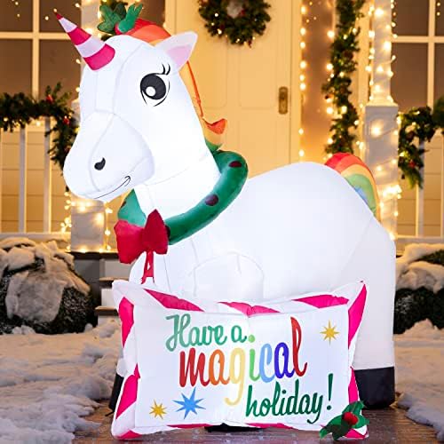 Joiedomi 6 FT Long Christmas Inflatable Magical Unicorn with Buildin LEDs Blow Up Inflatables
