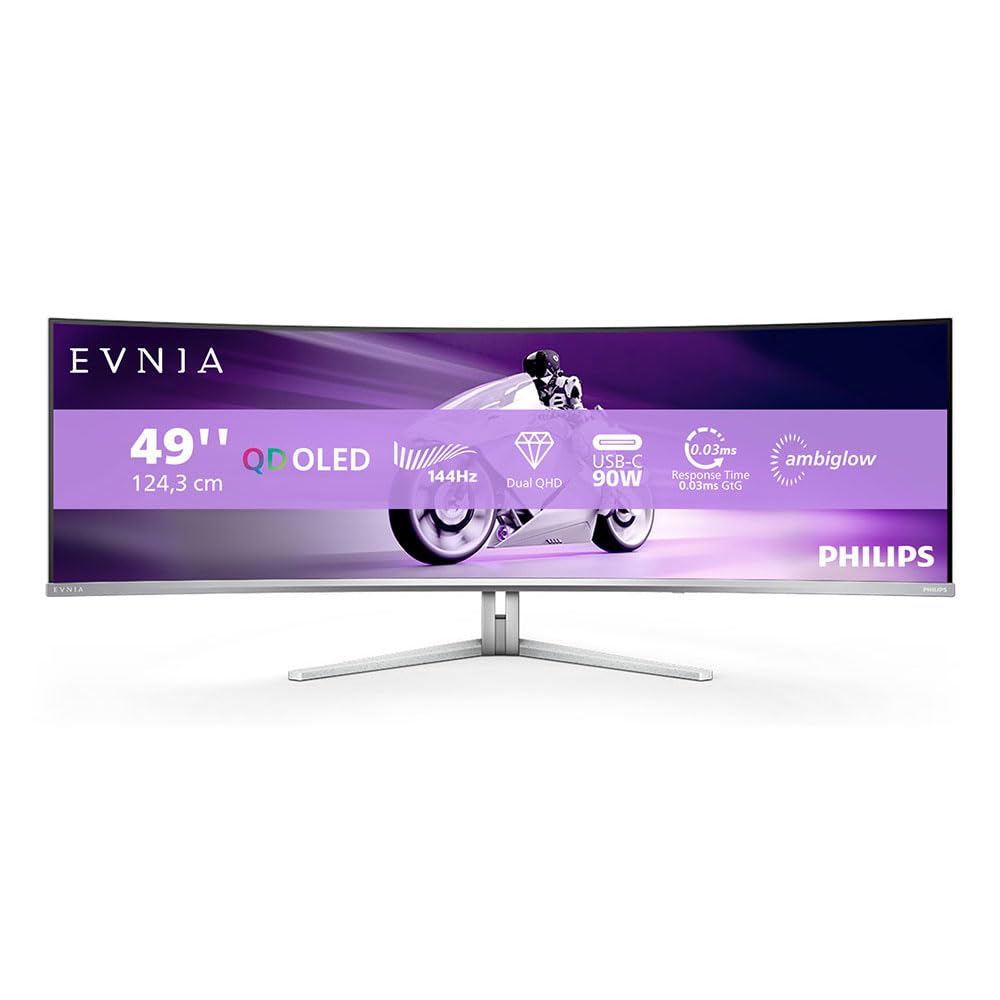 Philips Monitors Evnia 49M2C8900L - 49 Zoll DQHD OLED Curved Gaming Monitor, 144 Hertz, 0,03ms GtG, HDR400, Ambiglow (5120x1440, HDMI 2.1, DisplayPort 1.4, USB-C, USB Hub) Weiss 5